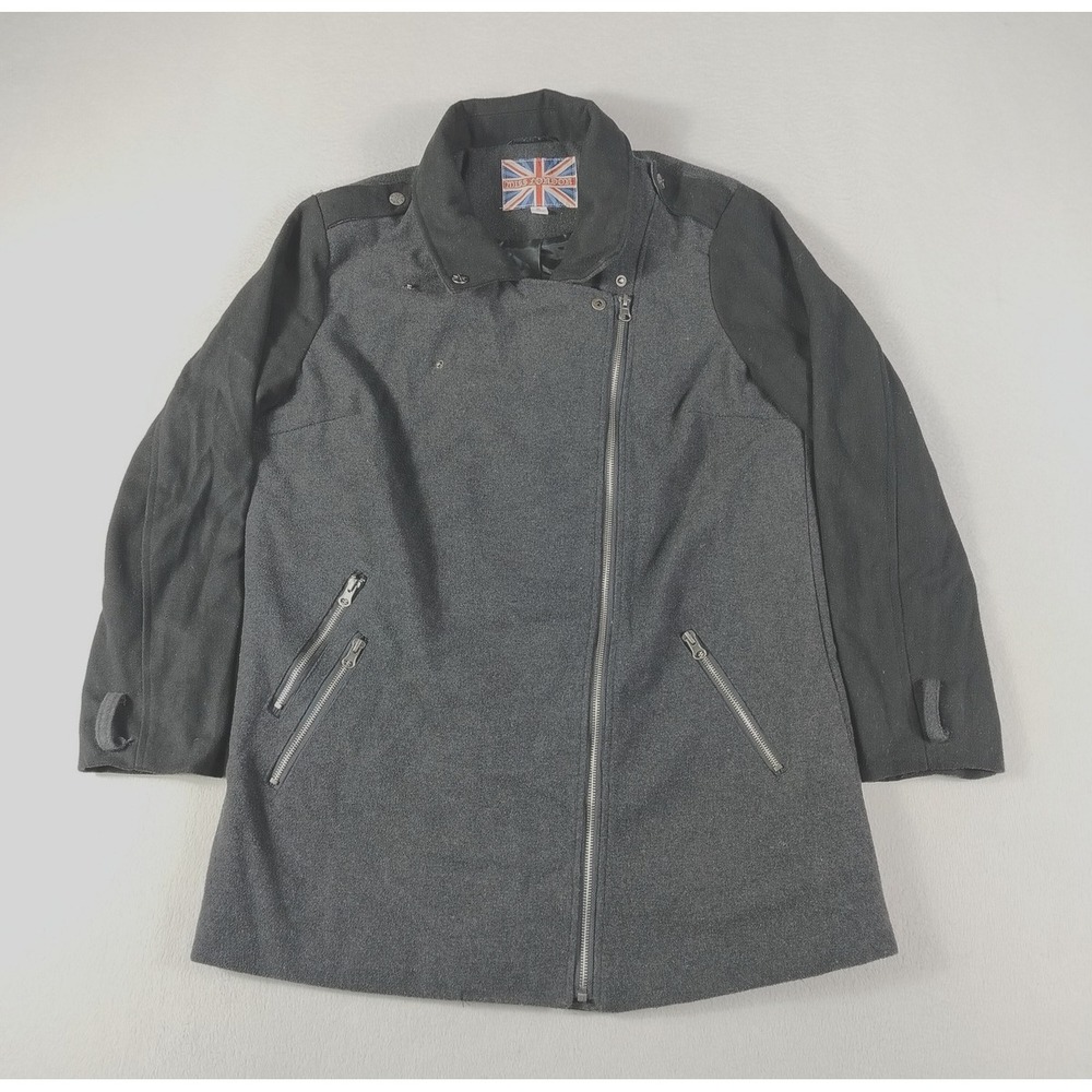 Miss London Coat Womens XL Gray Wool Blend Moto Asym Zip Lined Mid Length